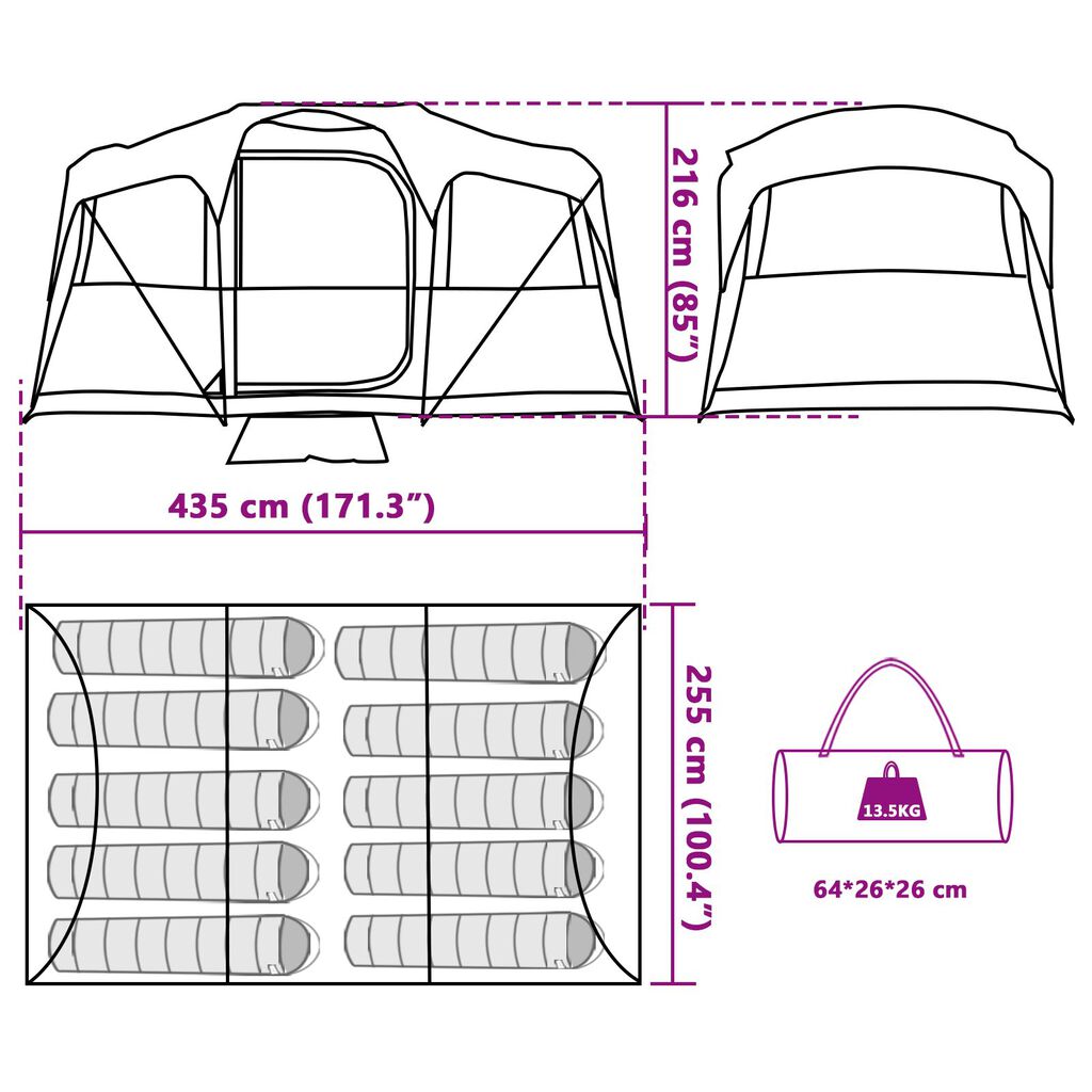 Tenda Familiare vidaXL con Finestre a Cupola Verde per 10 Persone Impermeabile