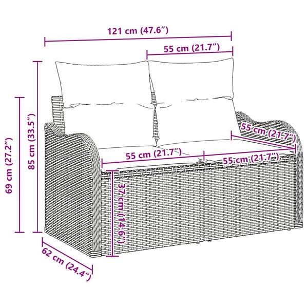 Set di Divani Giardino 5 Pezzi con Cuscini Grigio Rattan Versatile, Divano Giardino 2 Posti con Cuscini Grigio Rattan Versatile