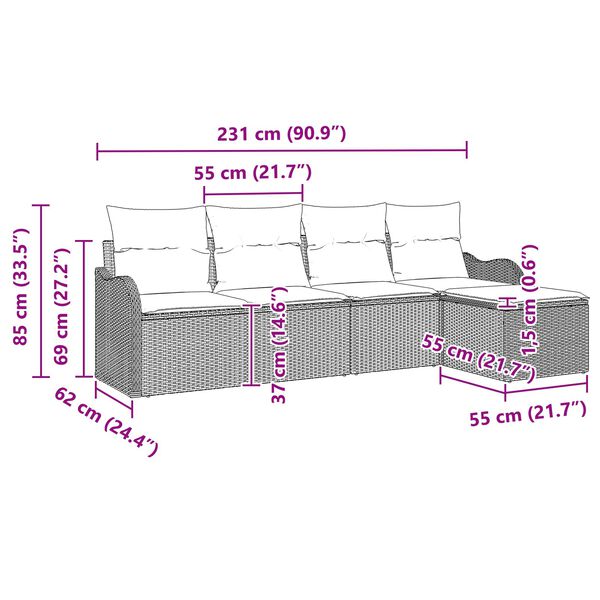 Set di Divani Giardino 5 Pezzi con Cuscini Grigio Rattan Versatile, Divano Giardino 2 Posti con Cuscini Grigio Rattan Versatile