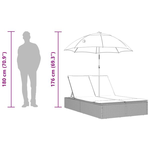 vidaXL Lettino Prendisole Doppio Cuscini e Parasole Beige Polyrattan