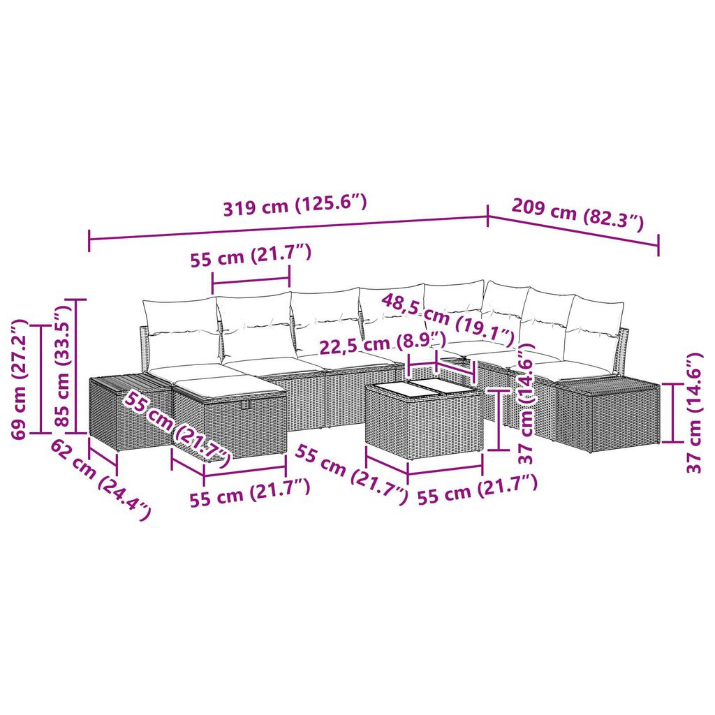 vidaXL Set divani da giardino 9 pezzi con cuscini beige in polyrattan