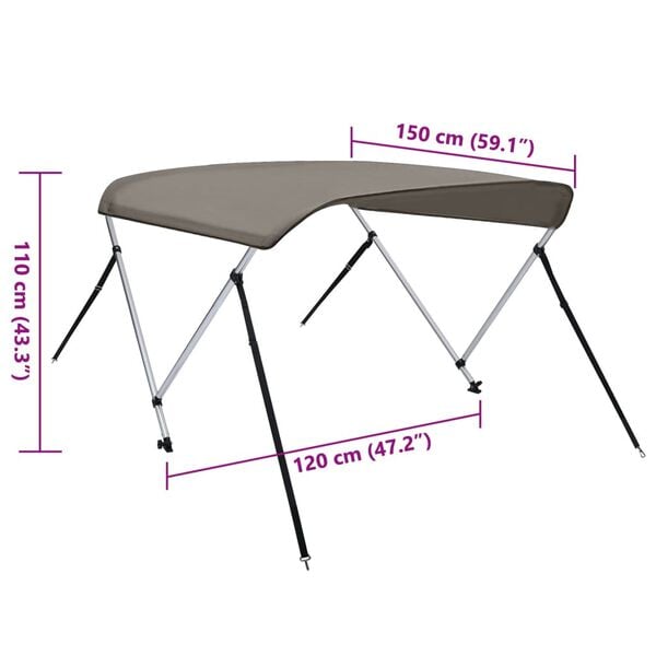 vidaXL Bimini di Prua con Tendalino 2 Archi Grigio 150x120x110 cm